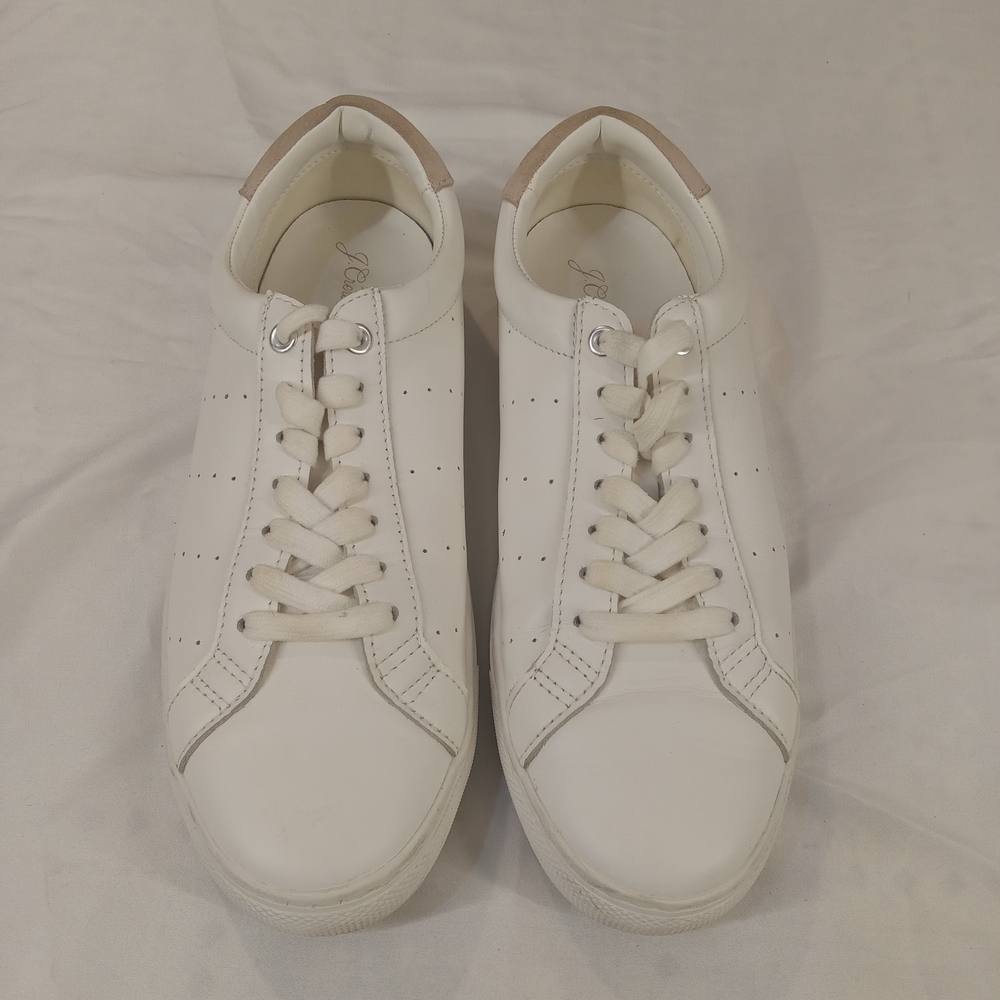 J.Crew White Saturday Sneaker Shoes Size 10 Wide Leather with Brown Detail